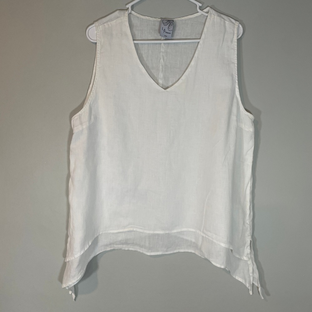 La Fixsun Womens White 100% Linen V-Neck Sharkbite Hem Tank Top L Lagenlook